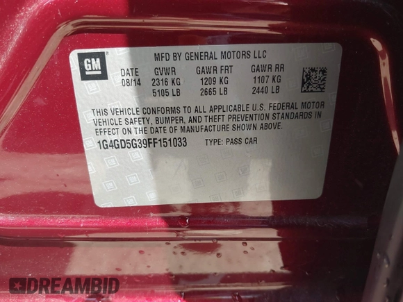 2015 Buick LaCrosse Premium I with VIN 1G4GD5G39FF151033, listed as a IAAI auction lot 42585236 with 145,108 mi miles and . Bid and sale history available at DreamBid. Image 9.