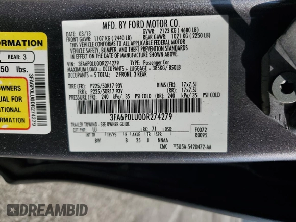 2013 Ford Fusion SE Hybrid z VIN 3FA6P0LU0DR274279, wystawiony jako Copart lot #57462315 z przebiegiem 272 825 mil mil oraz Szkoda całkowita • Salvage title. Historia ofert i sprzedaży dostępna na DreamBid. Obrazek 12.