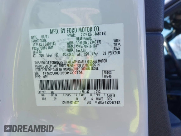 2011 Ford Escape Limited with VIN 1FMCU9EG5BKC09796, listed as a IAAI auction lot 41792944 with 134,117 mi miles. Bid and sale history available at carsss.com. Image 9.