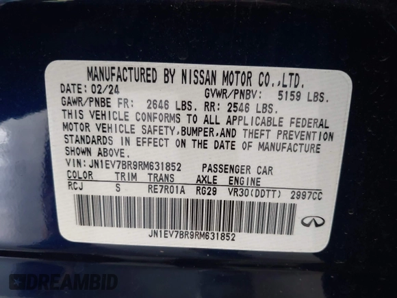 2024 Infiniti Q50 Luxe with VIN JN1EV7BR9RM631852, listed as a IAAI auction lot 40528778 with 2,862 mi miles and . Bid and sale history available at DreamBid. Image 9.
