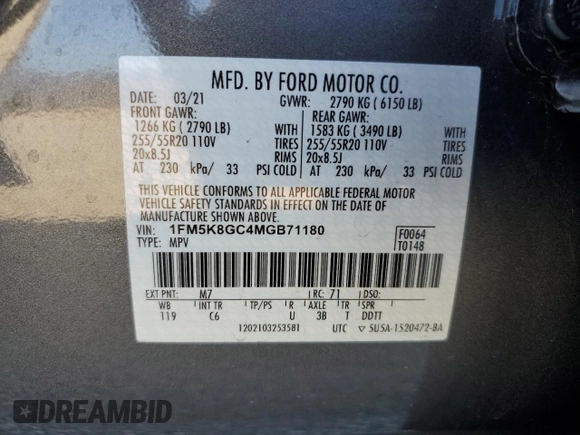 2021 Ford Explorer ST with VIN 1FM5K8GC4MGB71180, listed as a Copart auction lot 83975774 with 35,396 mi miles and Salvage Title. Bid and sale history available at carsss.com. Image 15.