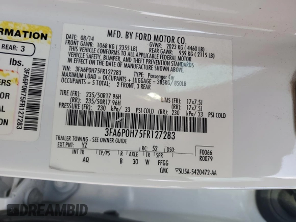 2015 Ford Fusion SE with VIN 3FA6P0H75FR127283, listed as a Copart auction lot 42983855 with 206,993 mi miles and Salvage Title. Bid and sale history available at DreamBid. Image 12.