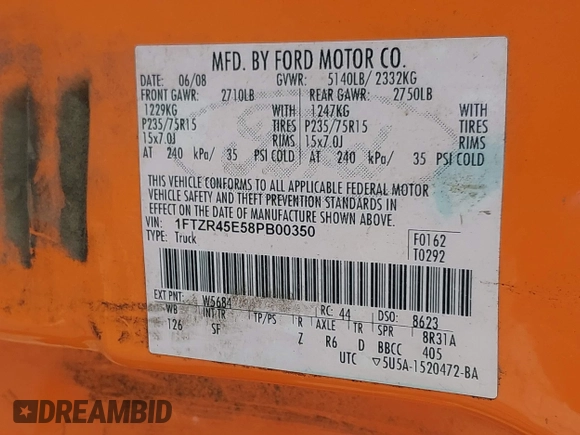 2008 Ford Ranger XLT с VIN 1FTZR45E58PB00350, выставлен на аукционе IAAI как лот 41821946 с пробегом 142 561 миль миль и . История ставок и продаж доступна на DreamBid. Изображение 9.