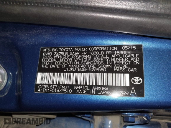 2015 Toyota Prius One with VIN JTDKDTB38F1099580, listed as a IAAI auction lot 42050228 with 169,725 mi miles and . Bid and sale history available at DreamBid. Image 9.