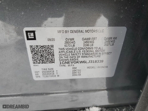 2020 Chevrolet Traverse LT Cloth with VIN 1GNEVGKW6LJ318339, listed as a Copart auction lot 44371435 with 71,155 mi miles and Salvage Title. Bid and sale history available at carsss.com. Image 15.