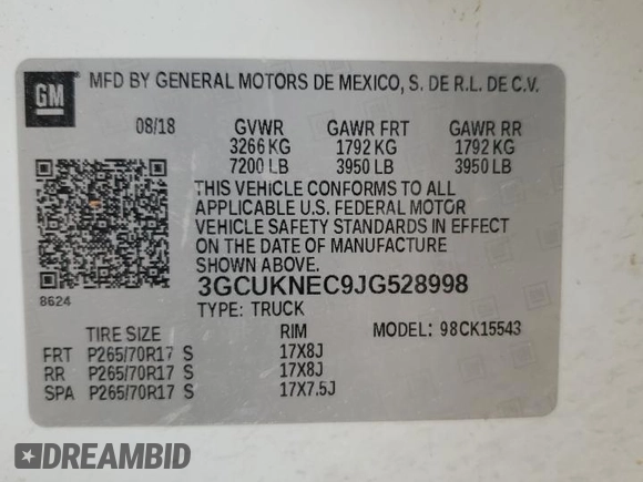 2018 Chevrolet Silverado 1500 Work Truck with VIN 3GCUKNEC9JG528998, listed as a Copart auction lot 54862335 with 163,268 mi miles and Clean Title. Bid and sale history available at DreamBid. Image 12.