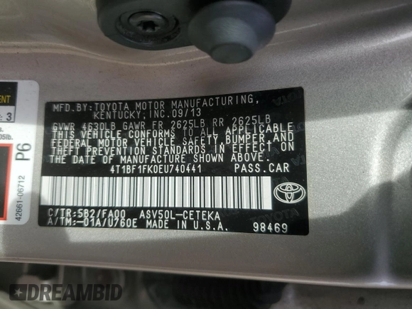 2014 Toyota Camry L with VIN 4T1BF1FK0EU740441, listed as a Copart auction lot 51610765 with 130,284 mi miles and Salvage Title. Bid and sale history available at carsss.com. Image 14.