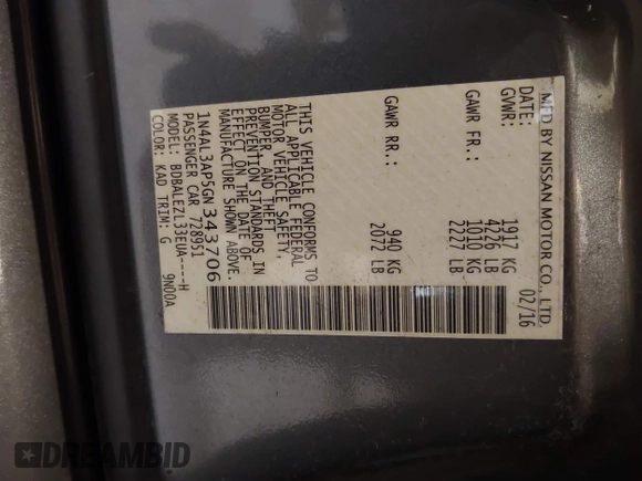 2016 Nissan Altima S z VIN 1N4AL3AP5GN343706, wystawiony jako IAAI lot #42001606 z przebiegiem 66 020 mil mil oraz . Historia ofert i sprzedaży dostępna na DreamBid. Obrazek 9.