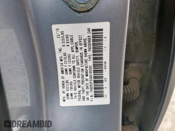2016 Honda Accord Sport with VIN 1HGCR2F55GA169292, listed as a Copart auction lot 53847585 with 172,500 mi miles and Salvage title. Bid and sale history available at DreamBid. Image 12.