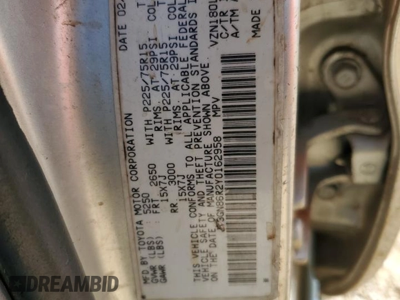 2000 Toyota 4Runner SR5 with VIN JT3GN86R2Y0162958, listed as a Copart auction lot 51526165 with 249,635 mi miles and Salvage Title. Bid and sale history available at DreamBid. Image 13.