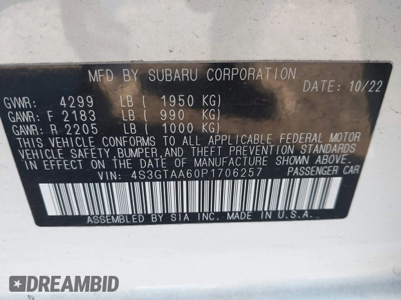 2023 Subaru Impreza with VIN 4S3GTAA60P1706257, listed as a IAAI auction lot 41810457 with 33,283 mi miles and . Bid and sale history available at DreamBid. Image 9.