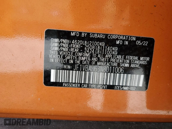 2022 Subaru WRX Premium with VIN JF1VBAH63N8011006, listed as a Copart auction lot 62691365 with 50,031 mi miles and Salvage title. Bid and sale history available at DreamBid. Image 12.
