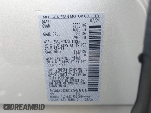 2024 Nissan Pathfinder Platinum with VIN 5N1DR3DJXRC298866, listed as a IAAI auction lot 42607262 with 4,683 mi miles and . Bid and sale history available at DreamBid. Image 9.