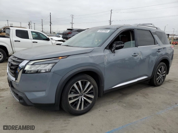 2023 Nissan Pathfinder Platinum with VIN 5N1DR3DG7PC200653, listed as a Copart auction lot 53497265 with 17,007 mi miles and Salvage Title. Bid and sale history available at carsss.com. Image 1.
