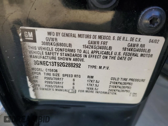 2002 Chevrolet Avalanche z VIN 3GNEC13T92G288292, wystawiony jako Copart lot #53388115 z przebiegiem 215 271 mil mil oraz Szkoda całkowita • Salvage title. Historia ofert i sprzedaży dostępna na DreamBid. Obrazek 14.