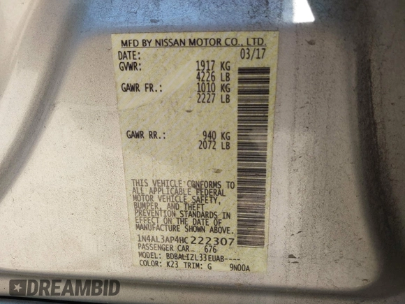 2017 Nissan Altima SV with VIN 1N4AL3AP4HC222307, listed as a IAAI auction lot 41589442 with 117,122 mi miles and . Bid and sale history available at carsss.com. Image 9.