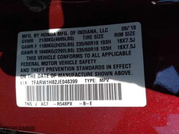 2018 Honda CR-V EX-L with VIN 7FARW1H82JE048399, listed as a IAAI auction lot 41638726 with 72,497 mi miles. Bid and sale history available at carsss.com. Image 9.