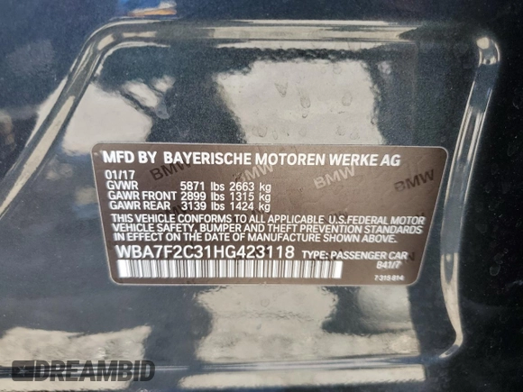 2017 BMW 7 Series with VIN WBA7F2C31HG423118, listed as a Copart auction lot 70628914 with 85,512 mi miles and Salvage Title. Bid and sale history available at DreamBid. Image 12.