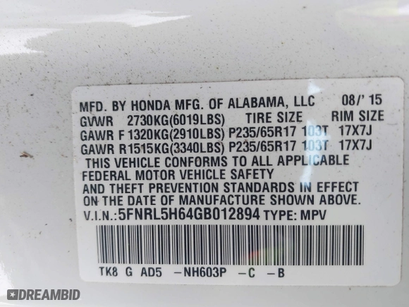 2016 Honda Odyssey EX-L with VIN 5FNRL5H64GB012894, listed as a IAAI auction lot 41256696 with 51,510 mi miles. Bid and sale history available at carsss.com. Image 9.