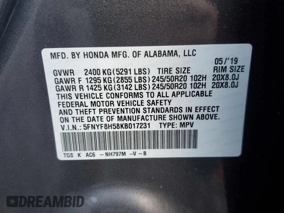 2019 Honda Passport EX-L z VIN 5FNYF8H58KB017231, wystawiony jako Copart lot #85370784 z przebiegiem 47 412 mil mil oraz Szkoda całkowita • Salvage title. Historia ofert i sprzedaży dostępna na DreamBid. Obrazek 15.