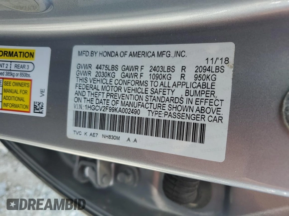2019 Honda Accord Touring with VIN 1HGCV2F99KA002490, listed as a Copart auction lot 59668755 with 51,291 mi miles and Salvage title. Bid and sale history available at DreamBid. Image 13.