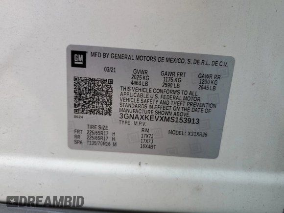 2021 Chevrolet Equinox LT with VIN 3GNAXKEVXMS153913, listed as a Copart auction lot 58961185 with 97,711 mi miles and Salvage title. Bid and sale history available at DreamBid. Image 13.