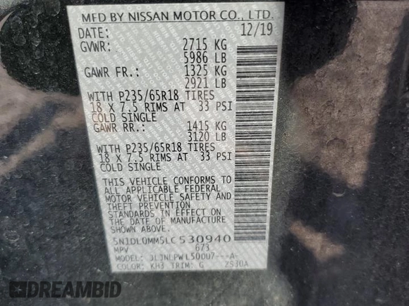 2020 Infiniti QX60 Pure with VIN 5N1DL0MM5LC530940, listed as a Copart auction lot 46143215 with 178,833 mi miles and Clean title. Bid and sale history available at DreamBid. Image 13.
