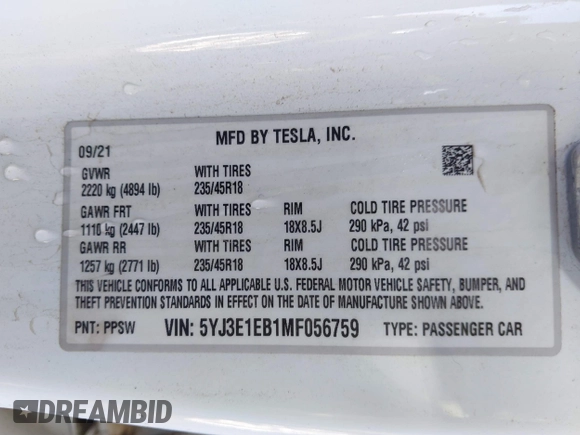 2021 Tesla Model 3 Long Range with VIN 5YJ3E1EB1MF056759, listed as a IAAI auction lot 41464108 with 48,694 mi miles and . Bid and sale history available at carsss.com. Image 9.