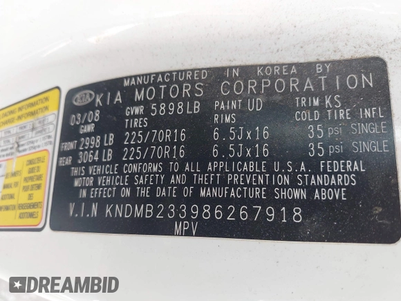2008 Kia Sedona LX with VIN KNDMB233986267918, listed as a IAAI auction lot 41999497 with 146,774 mi miles. Bid and sale history available at carsss.com. Image 9.