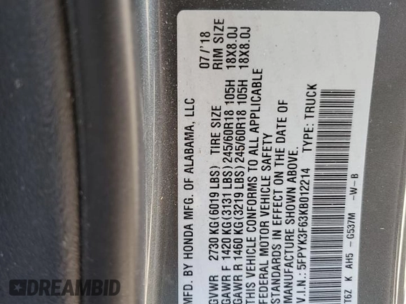 2019 Honda Ridgeline RTL-T with VIN 5FPYK3F63KB012214, listed as a Copart auction lot 41740585 with 33,965 mi miles and Salvage title. Bid and sale history available at DreamBid. Image 14.
