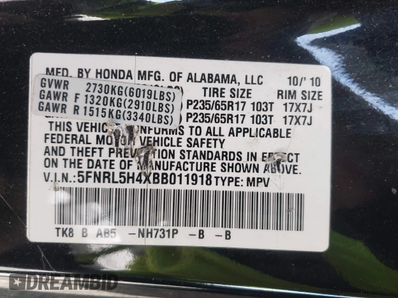 2011 Honda Odyssey EX with VIN 5FNRL5H4XBB011918, listed as a IAAI auction lot 42056043 with 201,821 mi miles and . Bid and sale history available at carsss.com. Image 9.