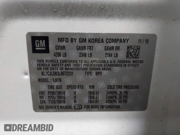 2020 Chevrolet Trax LT with VIN KL7CJLSB3LB072231, listed as a IAAI auction lot 41293558 with 58,297 mi miles and . Bid and sale history available at DreamBid. Image 9.
