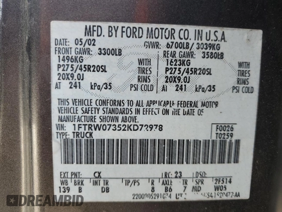 2002 Ford F-150 Harley Davidson with VIN 1FTRW07352KD72978, listed as a Copart auction lot 85037204 with 53,951 mi miles and Salvage Title. Bid and sale history available at carsss.com. Image 12.