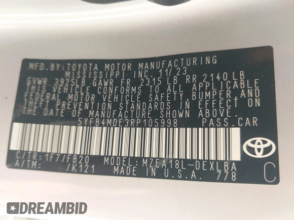 2024 Toyota Corolla LE with VIN 5YFB4MDE3RP105998, listed as a IAAI auction lot 42298906 with 5,217 mi miles and . Bid and sale history available at DreamBid. Image 9.