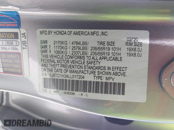 2020 Acura RDX with VIN 5J8TC1H34LL017204, listed as a IAAI auction lot 42632340 with 55,428 mi miles and . Bid and sale history available at DreamBid. Image 9.