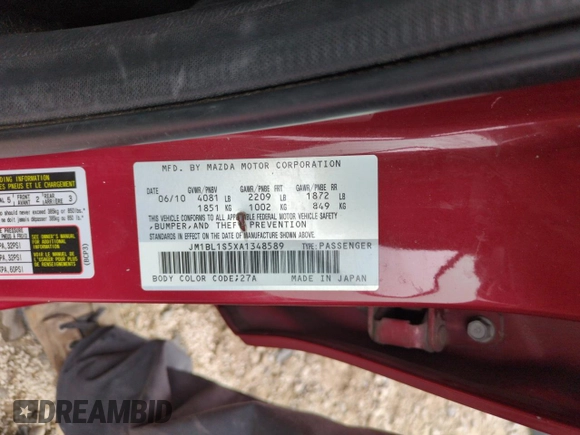 2010 Mazda 3 S Sport with VIN JM1BL1S5XA1348589, listed as a Copart auction lot 53480645 with 164,351 mi miles and Salvage Title. Bid and sale history available at DreamBid. Image 12.