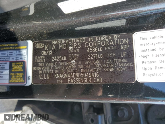 2013 Kia Optima Hybrid LX with VIN KNAGM4AD8D5049416, listed as a Copart auction lot 72072984 with 146,721 mi miles and Salvage Title. Bid and sale history available at carsss.com. Image 12.