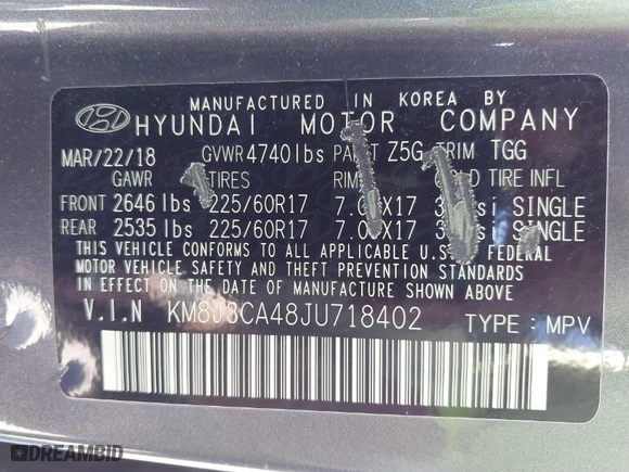 2018 Hyundai Tucson SEL with VIN KM8J3CA48JU718402, listed as a IAAI auction lot 41810363 with 218,853 mi miles. Bid and sale history available at carsss.com. Image 9.