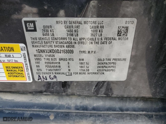 2013 Chevrolet Traverse LT with VIN 1GNKVJKD9DJ163009, listed as a Copart auction lot 46943495 with 176,838 mi miles and Salvage Title. Bid and sale history available at carsss.com. Image 15.