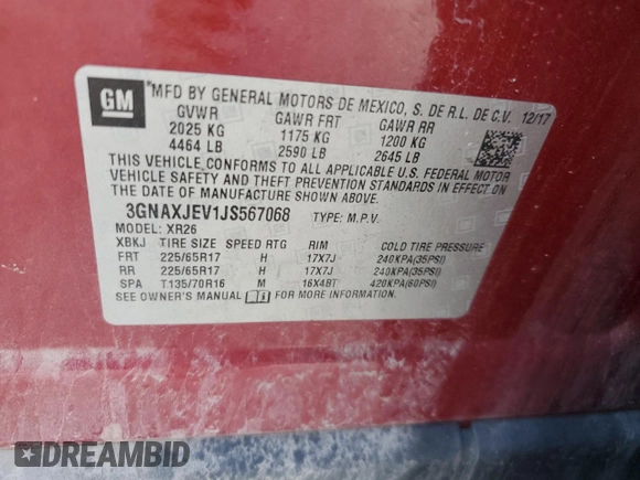 2018 Chevrolet Equinox LT with VIN 3GNAXJEV1JS567068, listed as a Copart auction lot 61199365 with 105,354 mi miles and Salvage title. Bid and sale history available at DreamBid. Image 14.