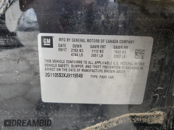2018 Chevrolet Impala LT with VIN 2G1105S3XJ9119540, listed as a Copart auction lot 46786315 with Not Provided miles and Salvage Title. Bid and sale history available at DreamBid. Image 13.