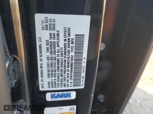 2021 Honda Passport Touring with VIN 5FNYF8H98MB019552, listed as a Copart auction lot 80360194 with 39,173 mi miles and Salvage Title. Bid and sale history available at carsss.com. Image 13.