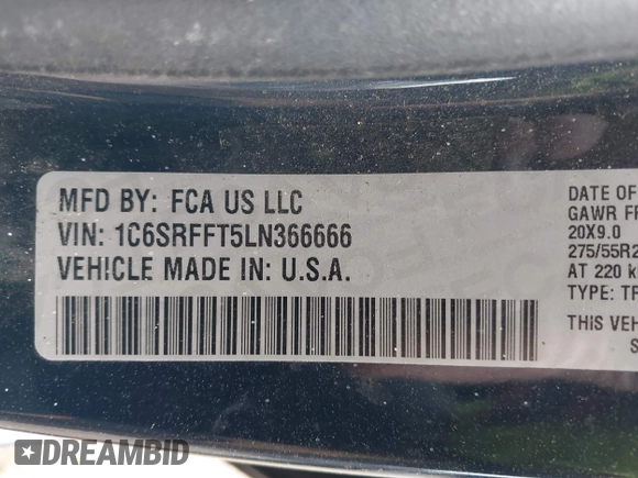 2020 Ram 1500 Big Horn with VIN 1C6SRFFT5LN366666, listed as a IAAI auction lot 41991339 with 105,788 mi miles. Bid and sale history available at carsss.com. Image 9.