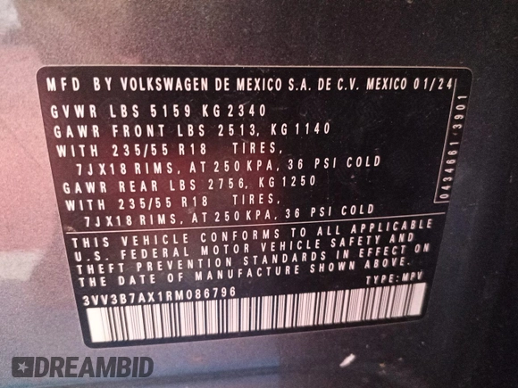 2024 Volkswagen Tiguan SE с VIN 3VV3B7AX1RM086796, выставлен на аукционе IAAI как лот 42796137 с пробегом 26 696 миль миль и . История ставок и продаж доступна на DreamBid. Изображение 42.