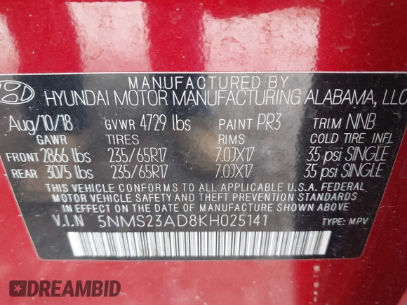 2019 Hyundai Santa Fe SE z VIN 5NMS23AD8KH025141, wystawiony jako IAAI lot #42209919 z przebiegiem 176 172 mil mil oraz . Historia ofert i sprzedaży dostępna na DreamBid. Obrazek 9.