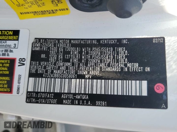 2012 Toyota Venza LE with VIN 4T3ZA3BB5CU058061, listed as a Copart auction lot 60879315 with 143,061 mi miles and Salvage title. Bid and sale history available at DreamBid. Image 13.