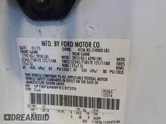 2015 Ford Super Duty F-250 SRW XL with VIN 1FTBF2A69FEC57370, listed as a Copart auction lot 45501765 with 116,491 mi miles and Salvage Title. Bid and sale history available at carsss.com. Image 12.