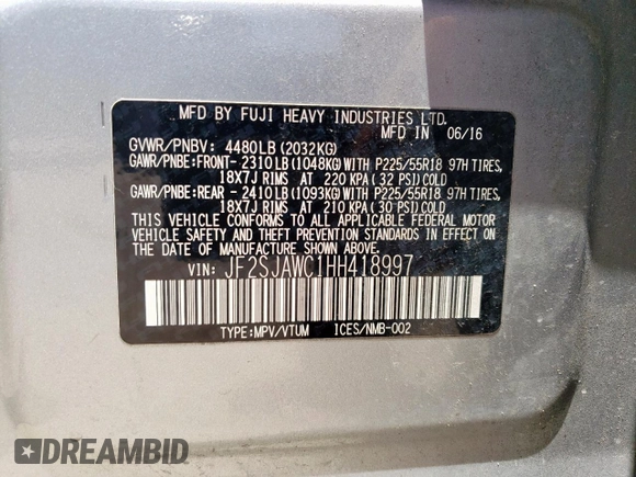 2017 Subaru Forester Touring with VIN JF2SJAWC1HH418997, listed as a Copart auction lot 57563195 with 139,239 mi miles and Clean title. Bid and sale history available at DreamBid. Image 13.