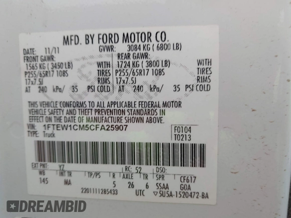 2012 Ford F-150 XL z VIN 1FTEW1CM5CFA25907, wystawiony jako IAAI lot #42304133 z przebiegiem 380 246 mil mil oraz . Historia ofert i sprzedaży dostępna na DreamBid. Obrazek 9.