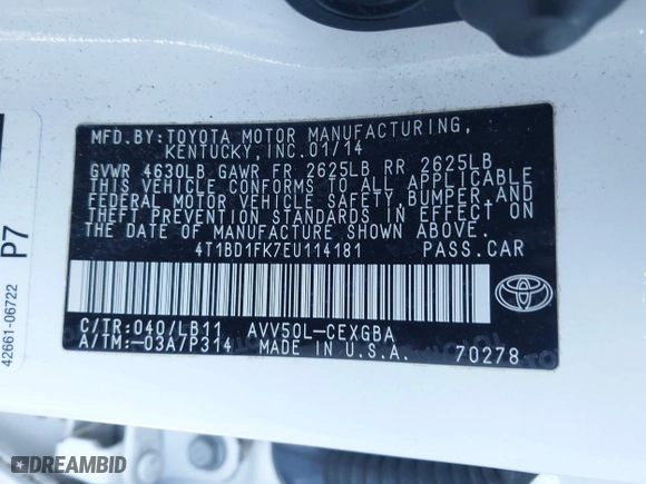 2014 Toyota Camry Hybrid LE with VIN 4T1BD1FK7EU114181, listed as a IAAI auction lot 41294936 with 115,986 mi miles. Bid and sale history available at carsss.com. Image 9.